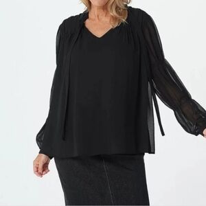 Peace Love World Woven Romantic Chiffon Blouse with Neck Tie, Black Sheer, 8